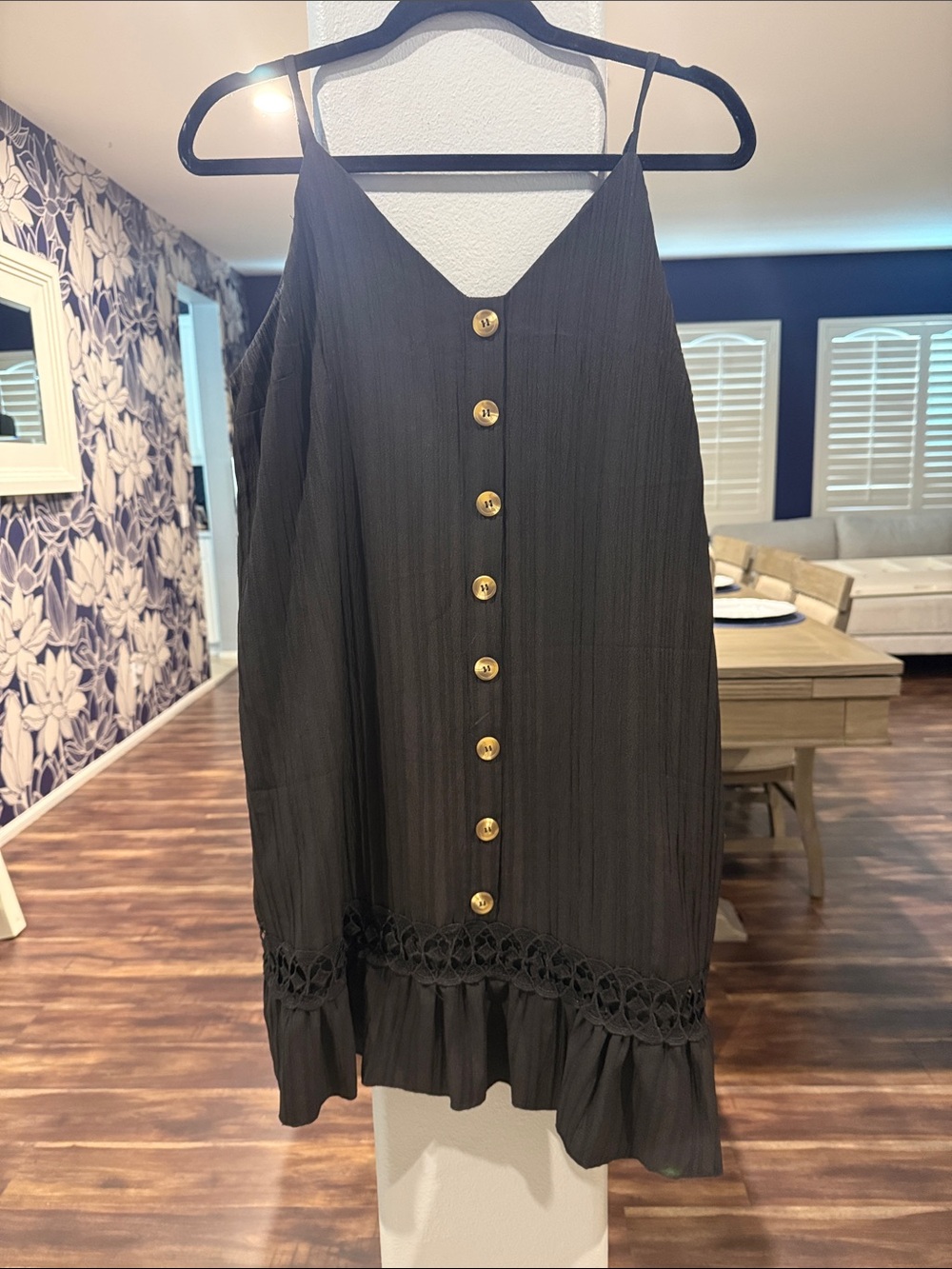 SHEIN Black Button-Front Mini Skirt with Crochet Trim